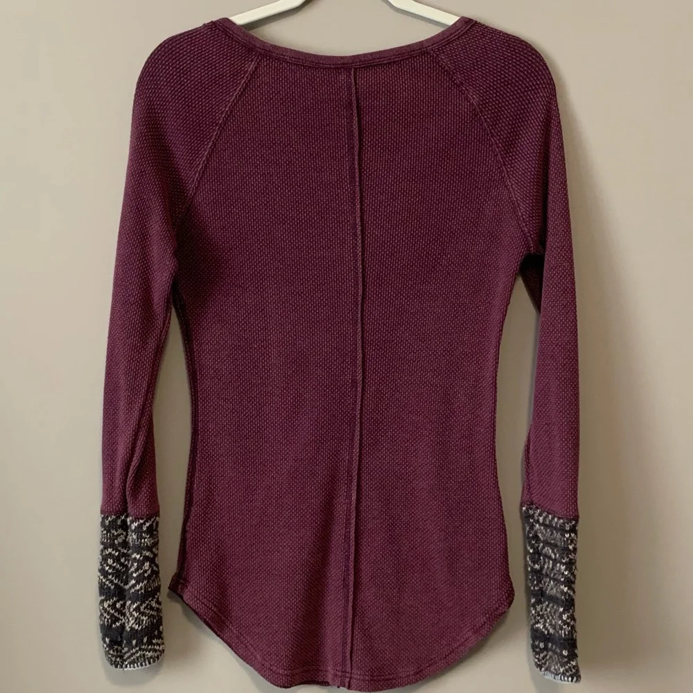 Free People Maroon Henley Waffle Knit Top with Gray Marled Cuffs